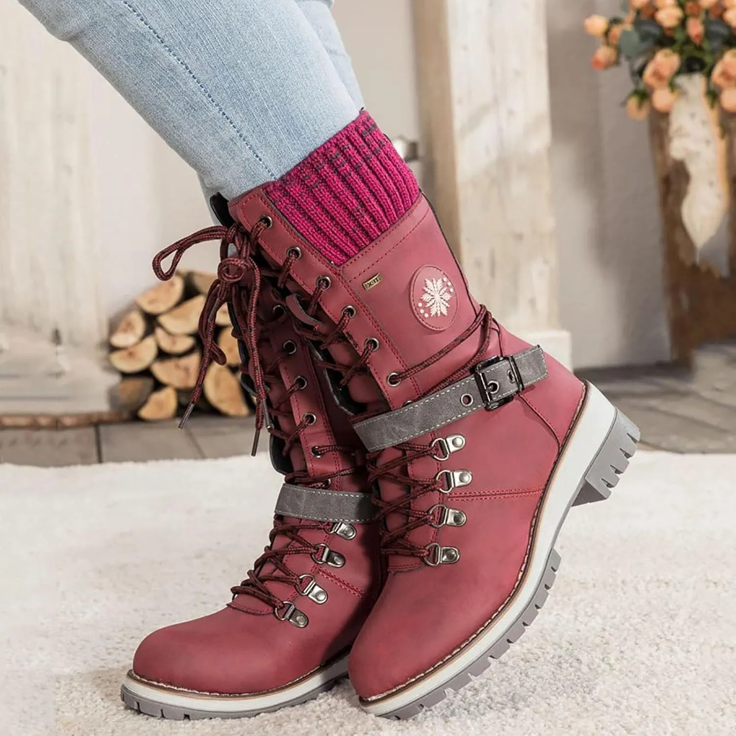 Women's Winter Warm Boots Fashion Belt Square Heel Snow Boots Lace Up Mid Tube Boots Outdoor Walking Shoe Insole Pad
