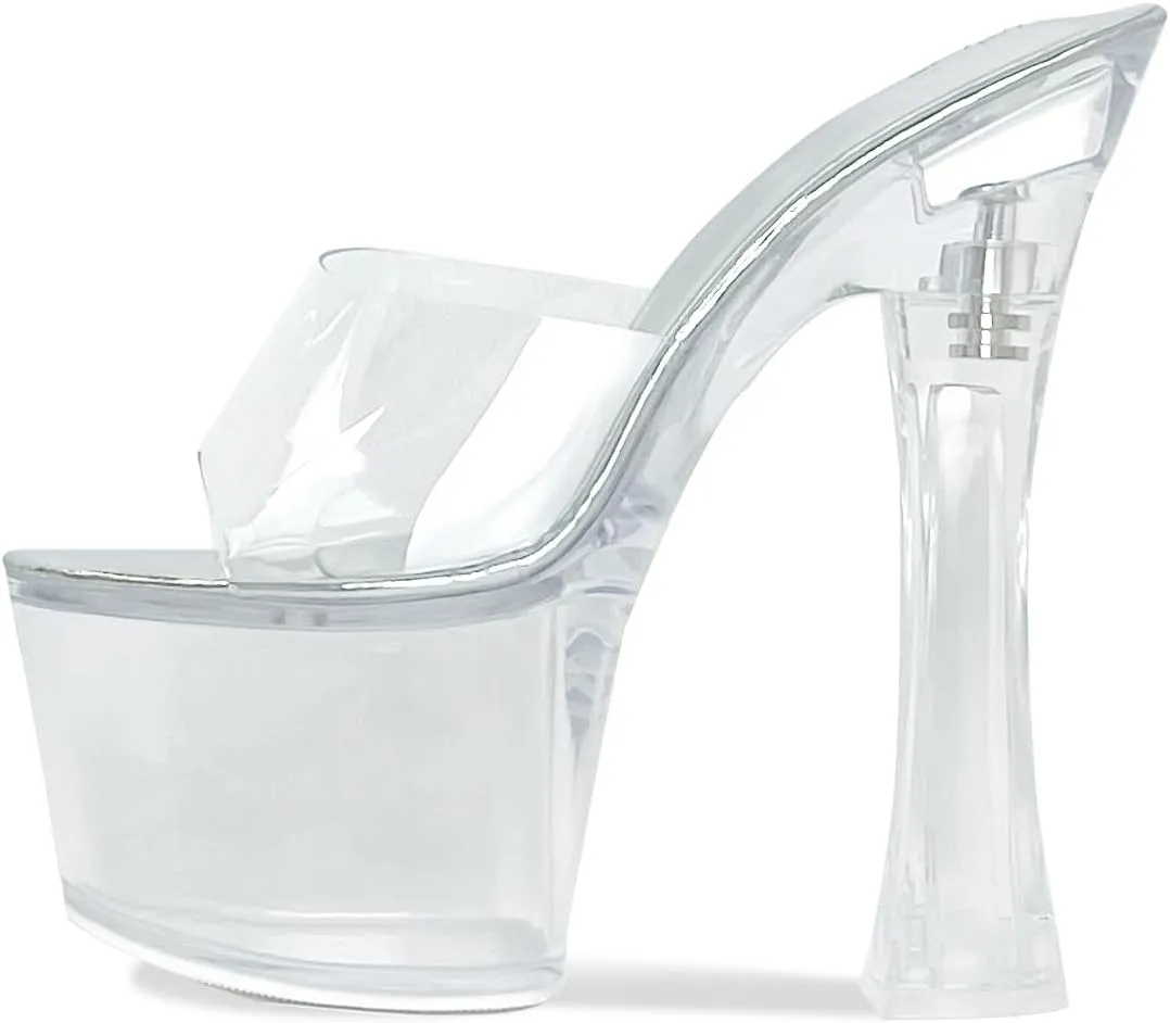 Womens's Clear Platform Heels for Women Sky High Mules Slide Chunky Sexy 6Inch Heeled Dancing Sandals