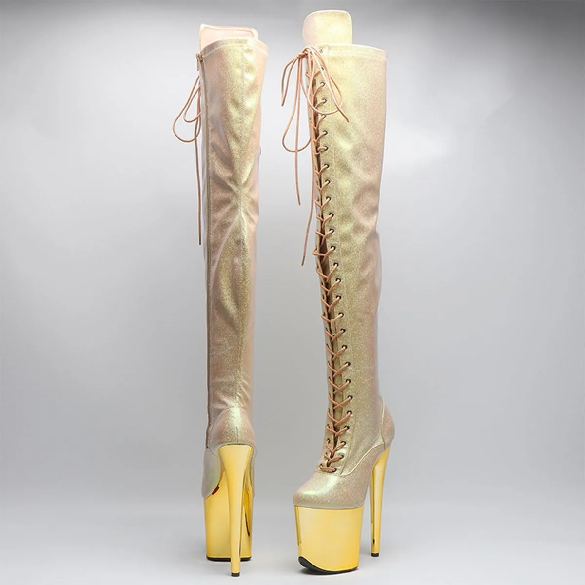 WUXIN H&P Women's Over The Knee Pole Dance Thigh High Heel Boots Platform Glitter Mirror Zip Lace Up Fashion Sexy Party Round Toe Stiletto 8 inch Exotic Heels