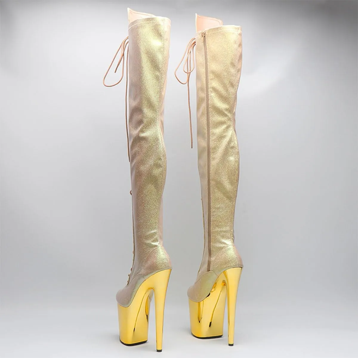 WUXIN H&P Women's Over The Knee Pole Dance Thigh High Heel Boots Platform Glitter Mirror Zip Lace Up Fashion Sexy Party Round Toe Stiletto 8 inch Exotic Heels
