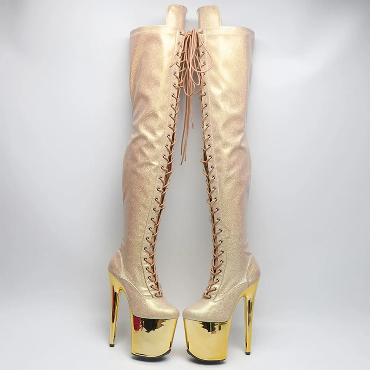 WUXIN H&P Women's Over The Knee Pole Dance Thigh High Heel Boots Platform Glitter Mirror Zip Lace Up Fashion Sexy Party Round Toe Stiletto 8 inch Exotic Heels