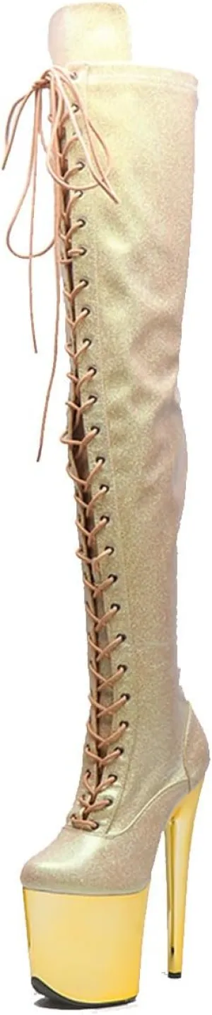 WUXIN H&P Women's Over The Knee Pole Dance Thigh High Heel Boots Platform Glitter Mirror Zip Lace Up Fashion Sexy Party Round Toe Stiletto 8 inch Exotic Heels