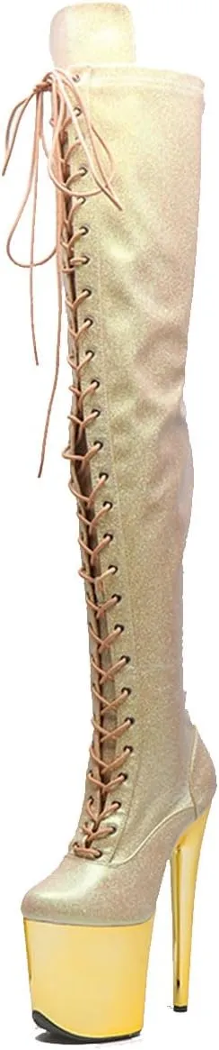 WUXIN H&P Women's Over The Knee Pole Dance Thigh High Heel Boots Platform Glitter Mirror Zip Lace Up Fashion Sexy Party Round Toe Stiletto 8 inch Exotic Heels