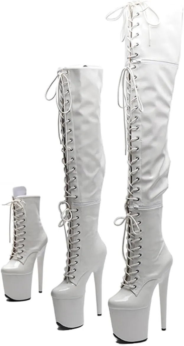 WUXIN H&P Women's Over The Knee Pole Dance Thigh High Heel Boots Platform Three-Stage Removable Zip Lace Up Fashion Sexy Party Round Toe Stiletto 8 inch Exotic Heels