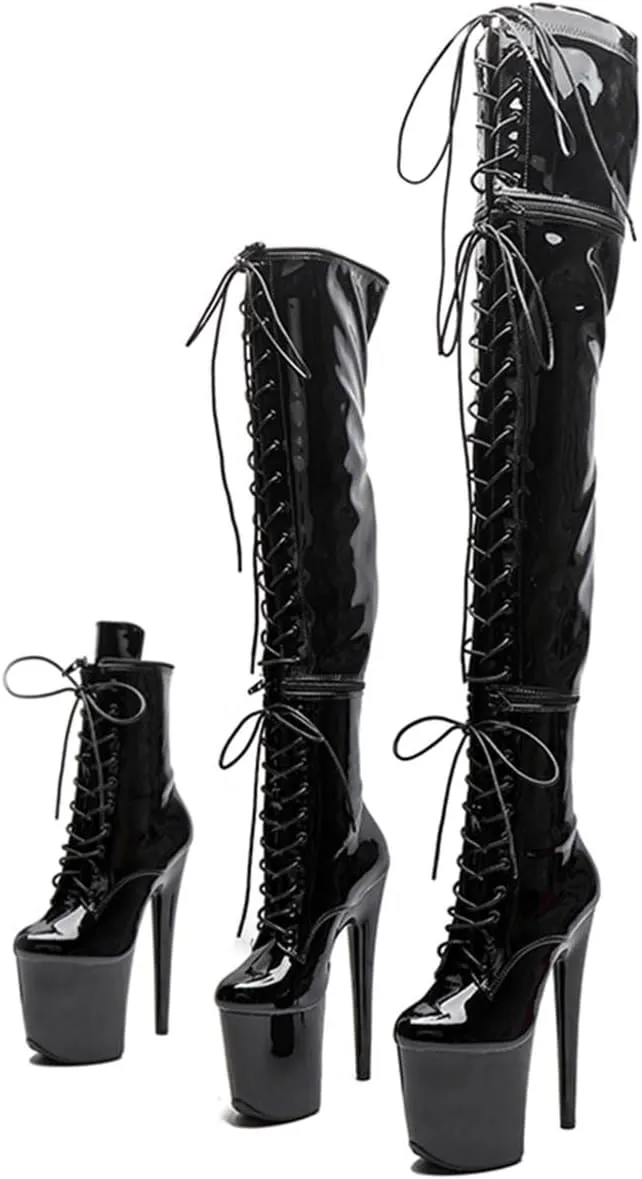 WUXIN H&P Women's Over The Knee Pole Dance Thigh High Heel Boots Platform Three-Stage Removable Zip Lace Up Fashion Sexy Party Round Toe Stiletto 8 inch Exotic Heels