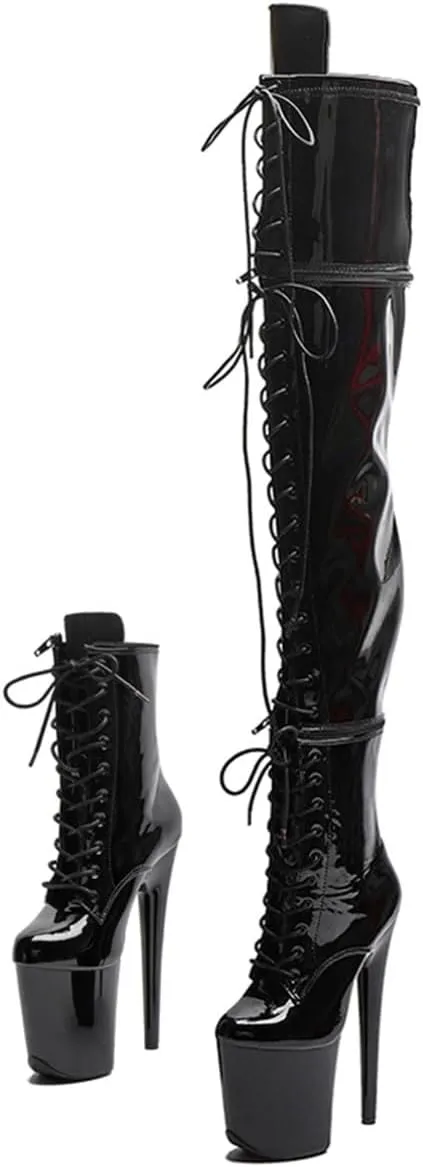 WUXIN H&P Women's Over The Knee Pole Dance Thigh High Heel Boots Platform Three-Stage Removable Zip Lace Up Fashion Sexy Party Round Toe Stiletto 8 inch Exotic Heels