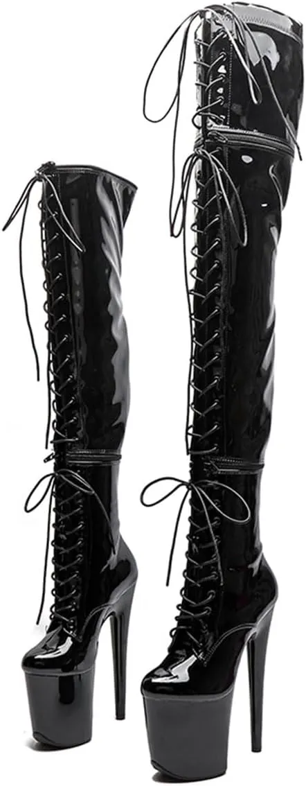 WUXIN H&P Women's Over The Knee Pole Dance Thigh High Heel Boots Platform Three-Stage Removable Zip Lace Up Fashion Sexy Party Round Toe Stiletto 8 inch Exotic Heels