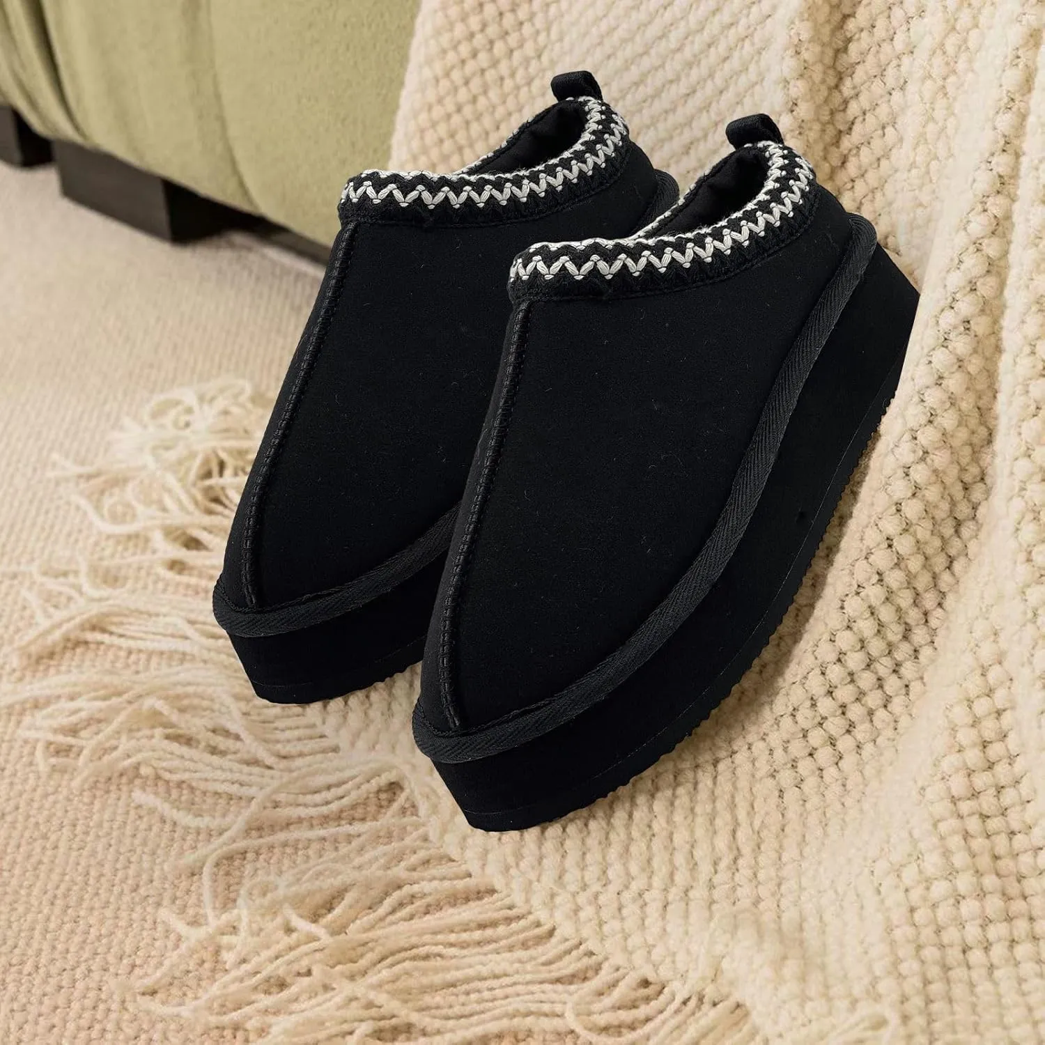 Xinran & Shengli Women's Platform Mules - Winter Memory Foam Slippers for Indoor & Outdoor, Cozy Suede Fur Fleece Lined