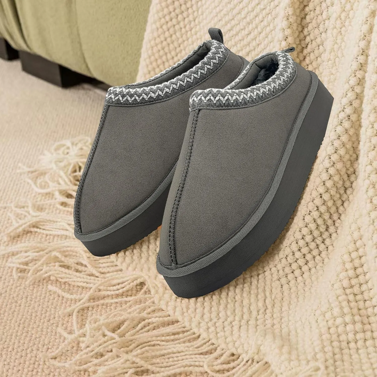 Xinran & Shengli Women's Platform Mules - Winter Memory Foam Slippers for Indoor & Outdoor, Cozy Suede Fur Fleece Lined