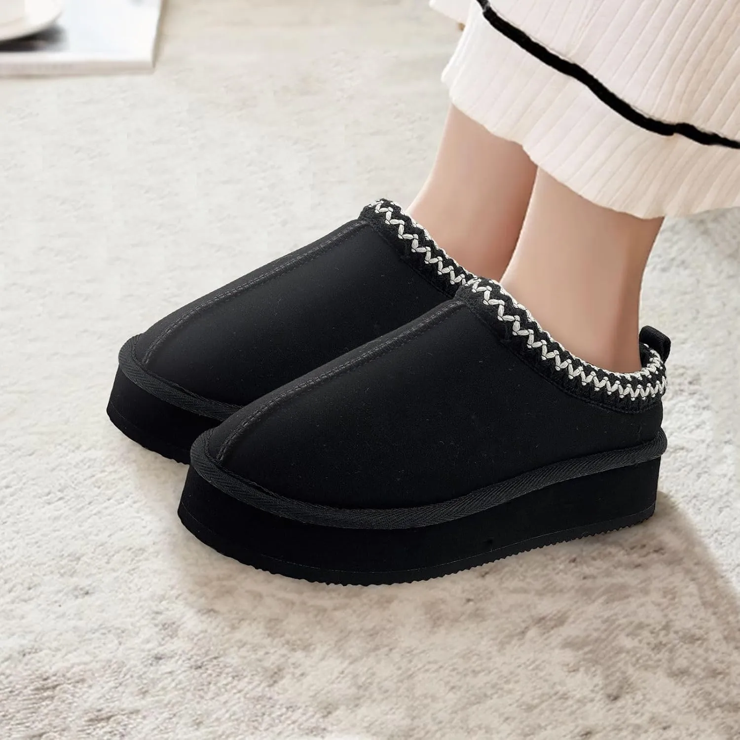 Xinran & Shengli Women's Platform Mules - Winter Memory Foam Slippers for Indoor & Outdoor, Cozy Suede Fur Fleece Lined