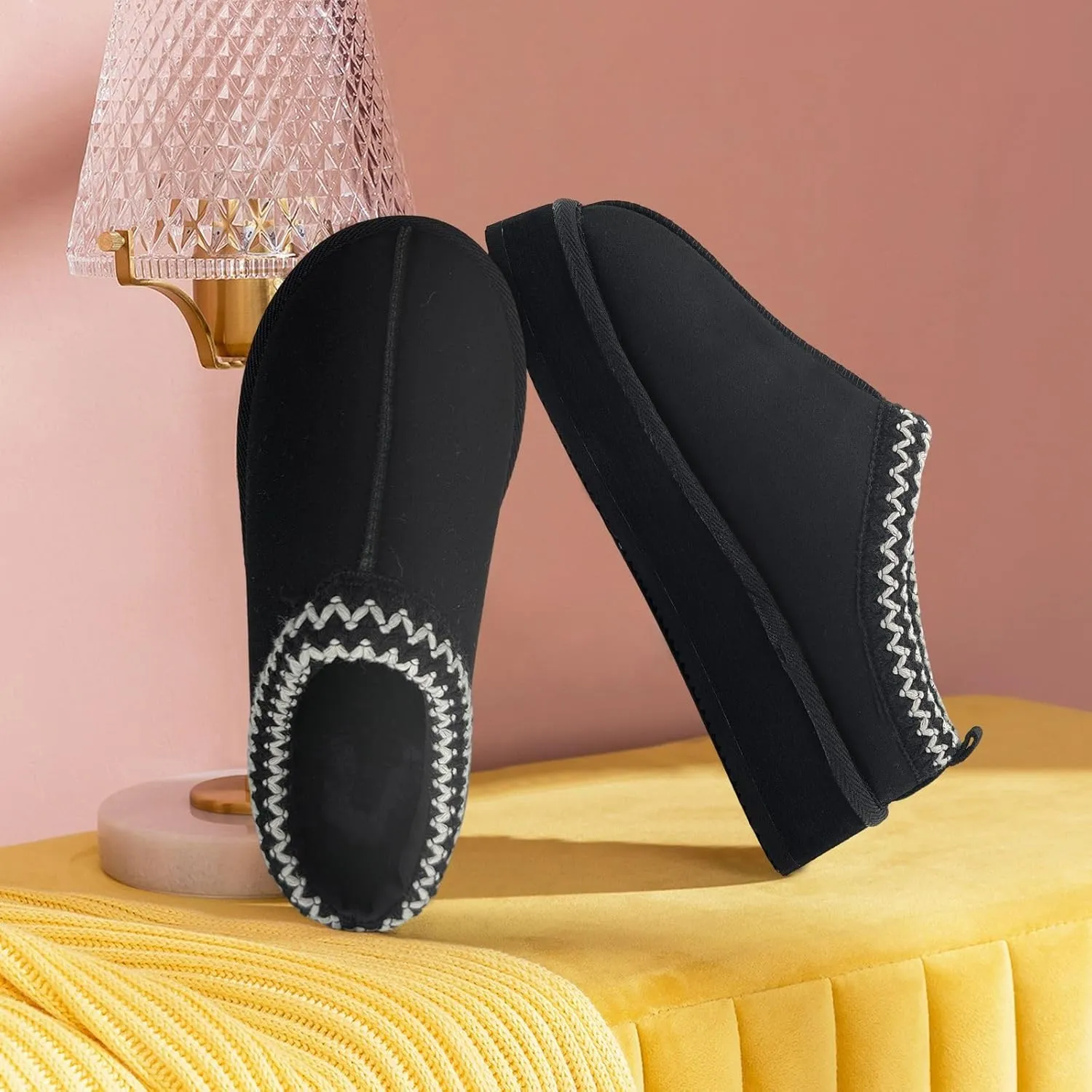 Xinran & Shengli Women's Platform Mules - Winter Memory Foam Slippers for Indoor & Outdoor, Cozy Suede Fur Fleece Lined