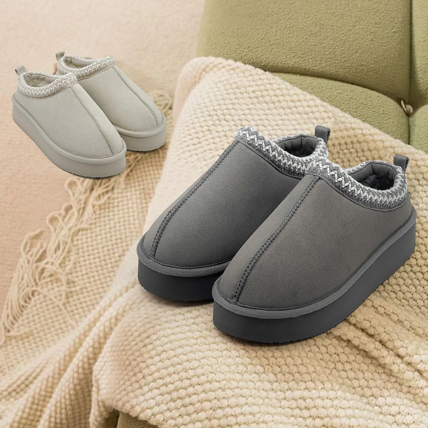 Xinran & Shengli Women's Platform Mules - Winter Memory Foam Slippers for Indoor & Outdoor, Cozy Suede Fur Fleece Lined