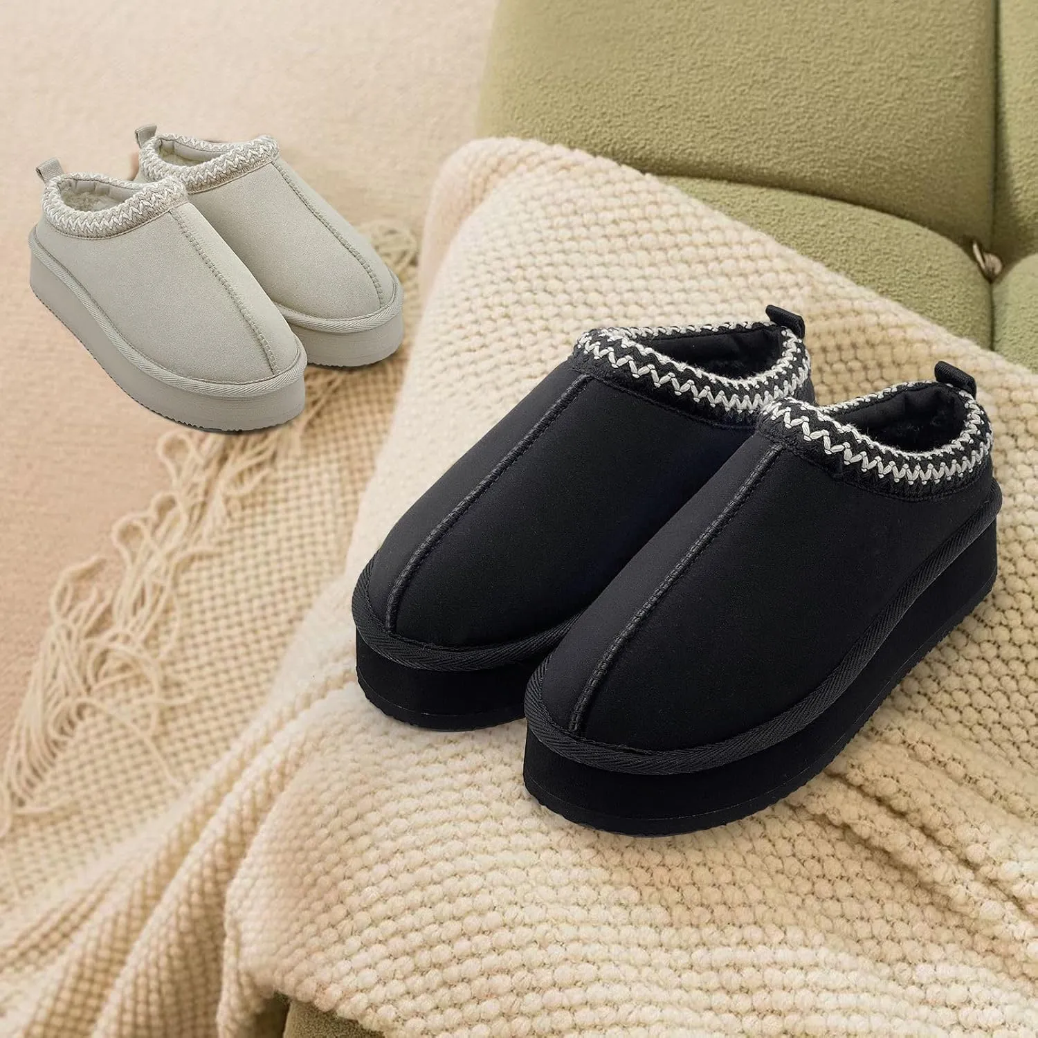 Xinran & Shengli Women's Platform Mules - Winter Memory Foam Slippers for Indoor & Outdoor, Cozy Suede Fur Fleece Lined