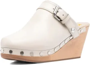 XYD Cork Mules Heels for Women Chic Studs Buckle Strap Fasten Closed Round Toe Slip On Wedge Slides Casual Event Dress Shoes