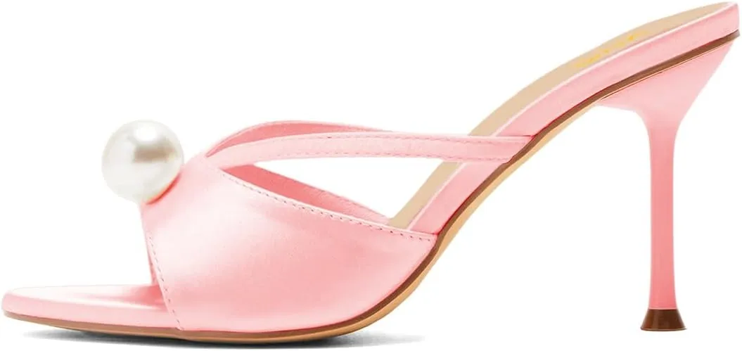 XYD Women Almond Open Toe Single Pearl Mule Shoes Stiletto High Heel Slip-on Dress Sandals for Holiday Wedding