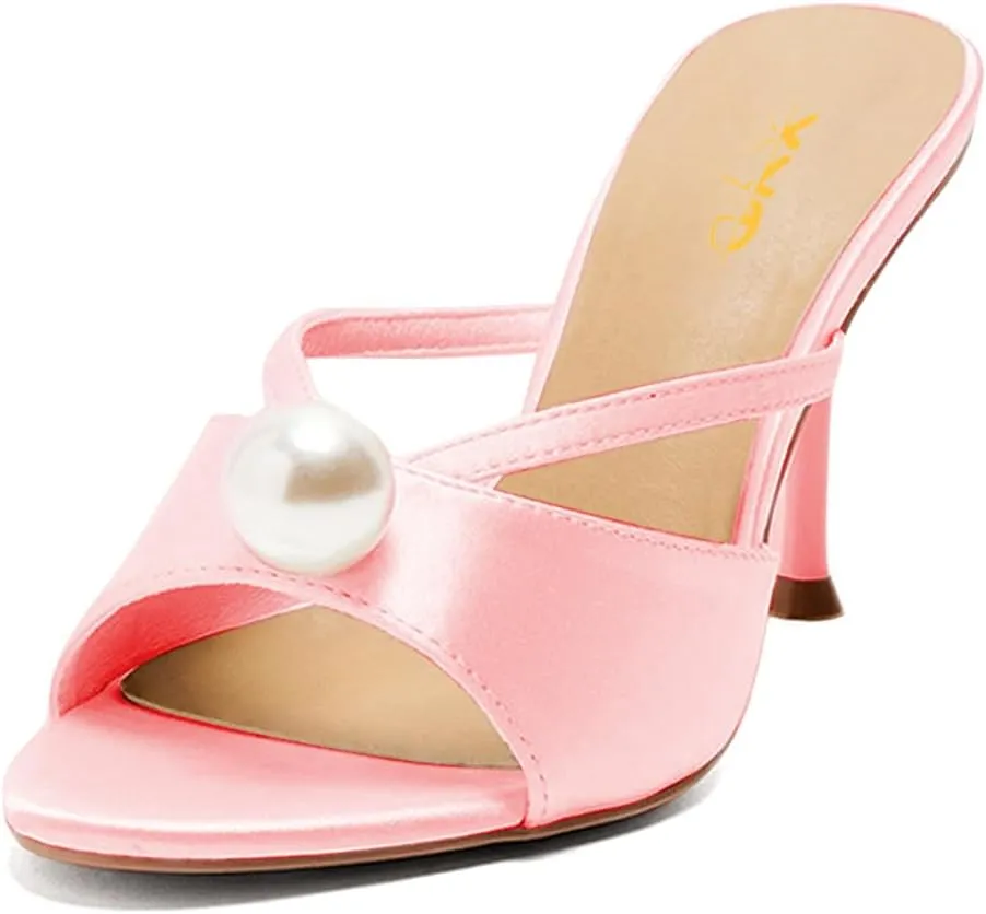 XYD Women Almond Open Toe Single Pearl Mule Shoes Stiletto High Heel Slip-on Dress Sandals for Holiday Wedding