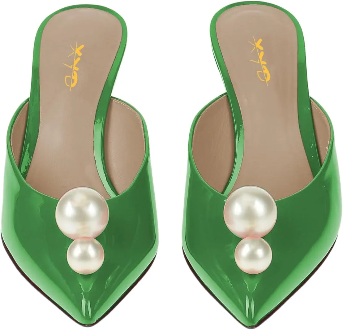 XYD Women Closed Pointed Toe Slip On Mules Glossy Pearls Diamond Crystal Mid Heels Slides Pumps Stylish Wedding Party Shoes