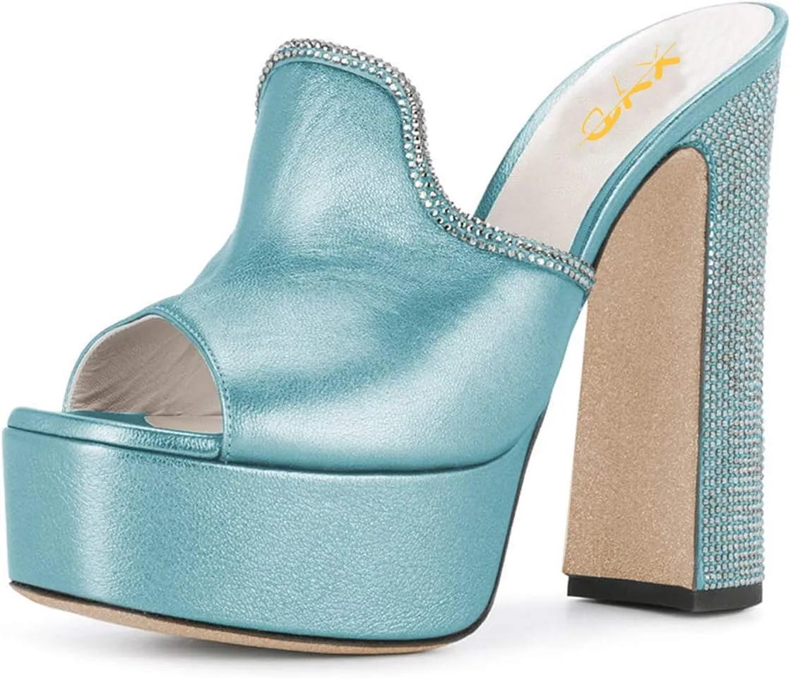 XYD Women Comfortable Peep Toe High Chunky Heel Mules Platform Leather Slide Sandals with Crystal Studs Shoes