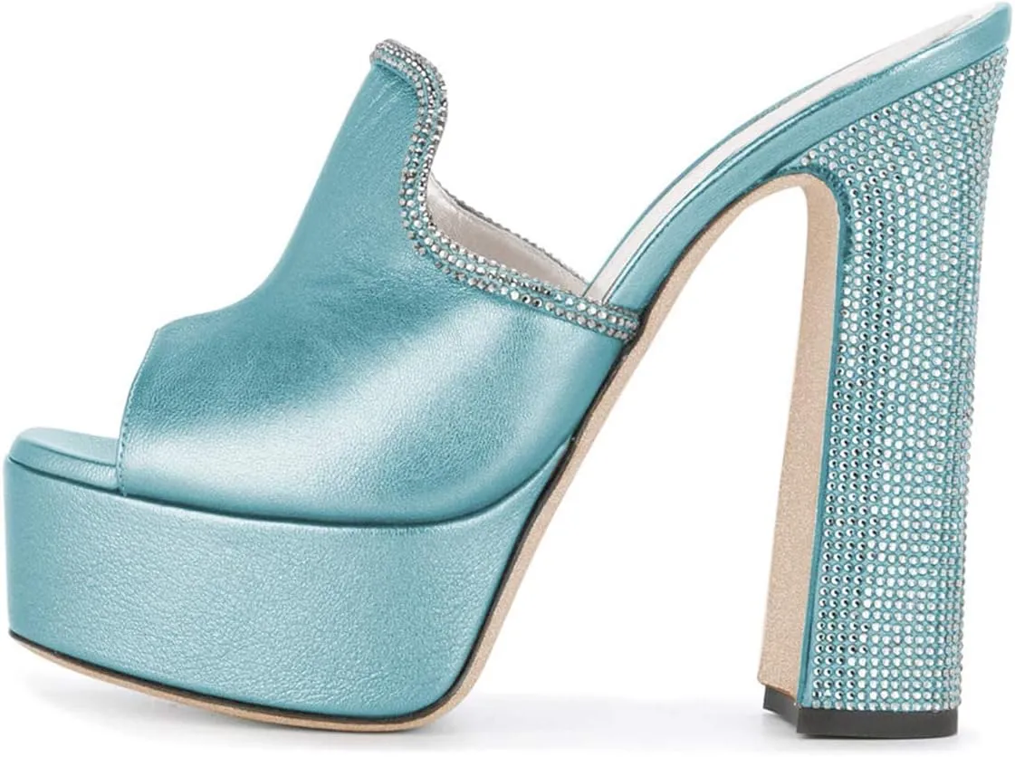 XYD Women Comfortable Peep Toe High Chunky Heel Mules Platform Leather Slide Sandals with Crystal Studs Shoes