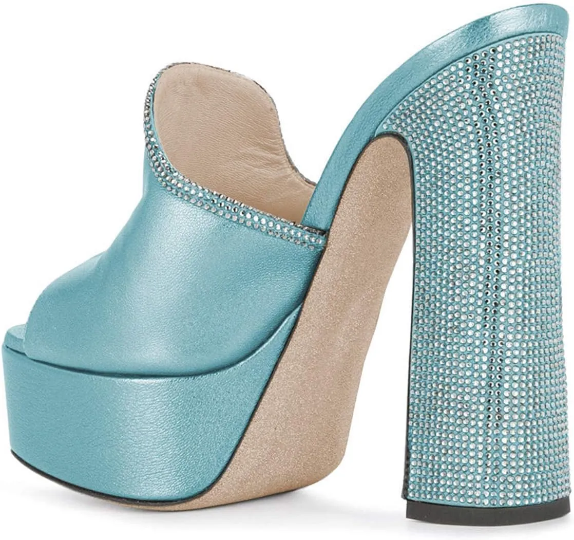 XYD Women Comfortable Peep Toe High Chunky Heel Mules Platform Leather Slide Sandals with Crystal Studs Shoes