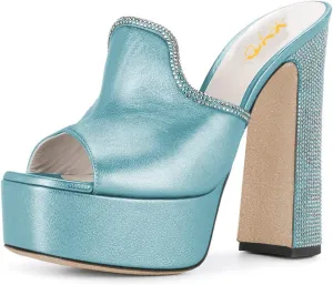 XYD Women Comfortable Peep Toe High Chunky Heel Mules Platform Leather Slide Sandals with Crystal Studs Shoes