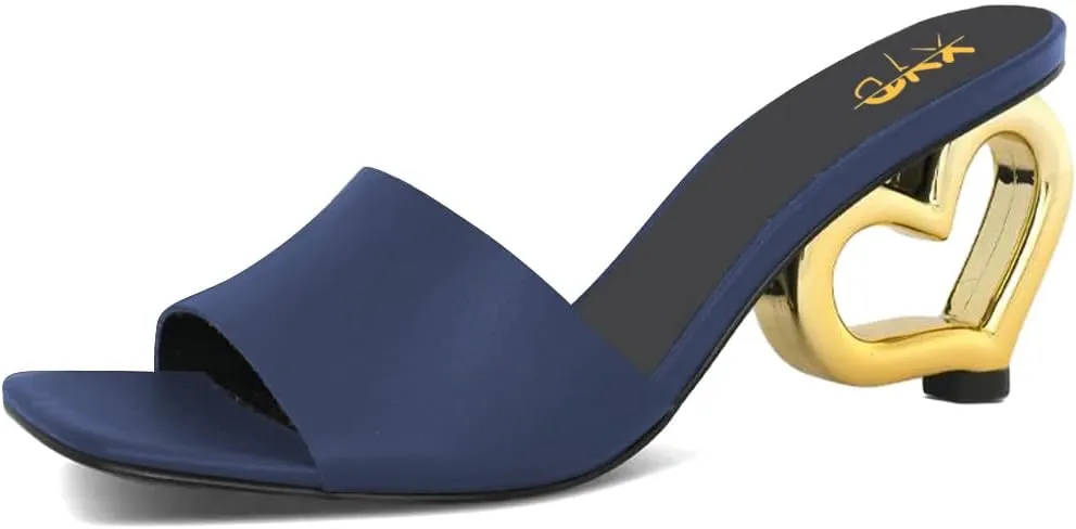 XYD Women Heart Heel Mules Square Open Toe Slip On Summer Fashion Slides Sandals Holiday Evening Dress Shoes