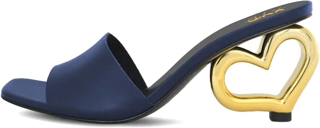 XYD Women Heart Heel Mules Square Open Toe Slip On Summer Fashion Slides Sandals Holiday Evening Dress Shoes