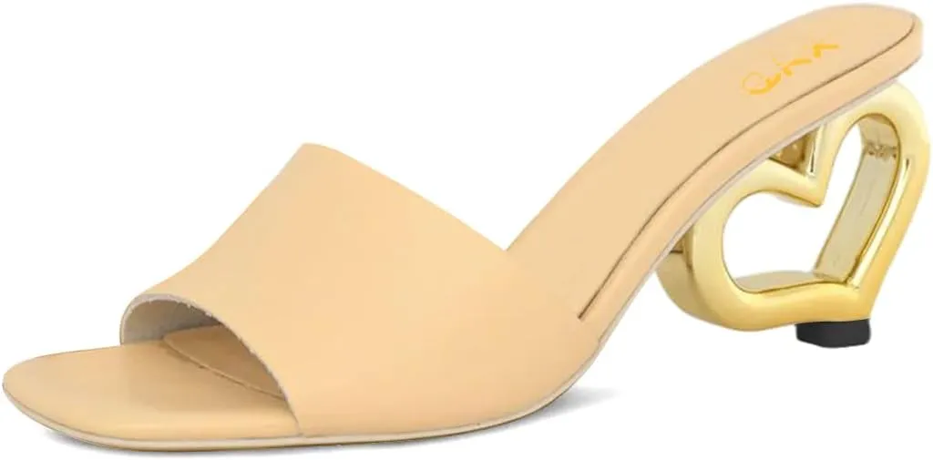 XYD Women Heart Heel Mules Square Open Toe Slip On Summer Fashion Slides Sandals Holiday Evening Dress Shoes