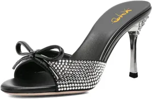 XYD Women Open Toe Bowknot High Heels Mules Sandals Shimmery Rhinestone Studs Slip On Party Event Shoes