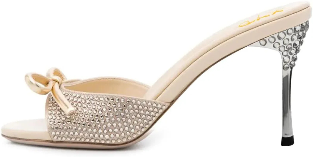 XYD Women Open Toe Bowknot High Heels Mules Sandals Shimmery Rhinestone Studs Slip On Party Event Shoes