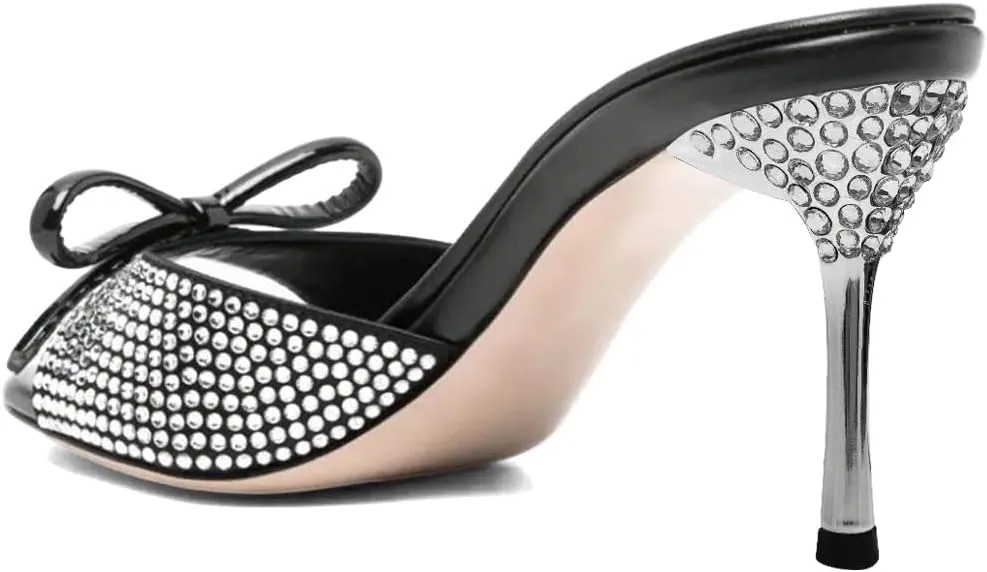 XYD Women Open Toe Bowknot High Heels Mules Sandals Shimmery Rhinestone Studs Slip On Party Event Shoes