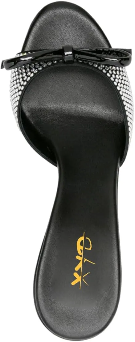 XYD Women Open Toe Bowknot High Heels Mules Sandals Shimmery Rhinestone Studs Slip On Party Event Shoes