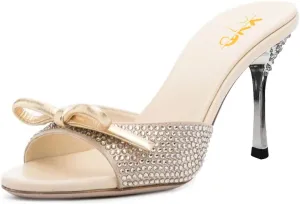XYD Women Open Toe Bowknot High Heels Mules Sandals Shimmery Rhinestone Studs Slip On Party Event Shoes