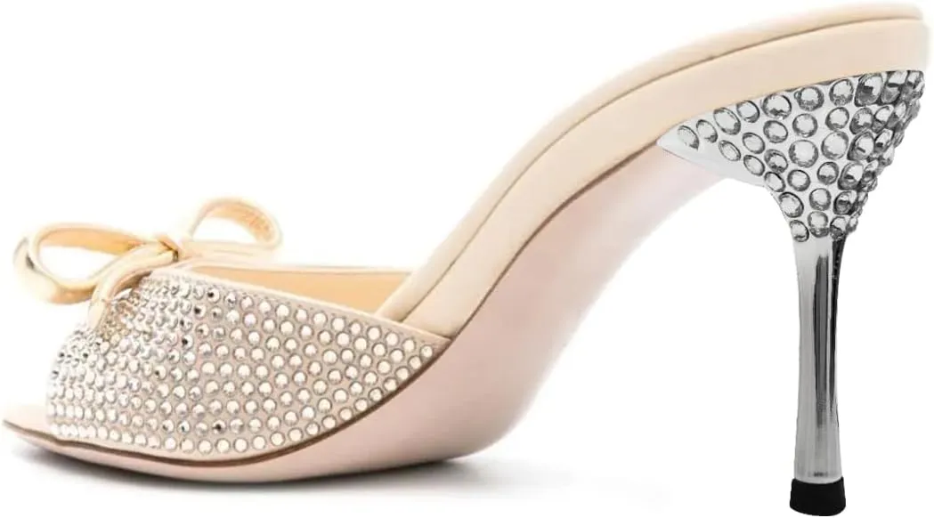 XYD Women Open Toe Bowknot High Heels Mules Sandals Shimmery Rhinestone Studs Slip On Party Event Shoes