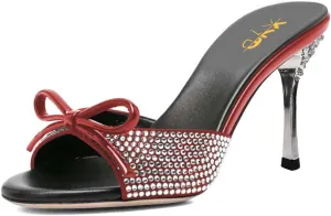 XYD Women Open Toe Bowknot High Heels Mules Sandals Shimmery Rhinestone Studs Slip On Party Event Shoes