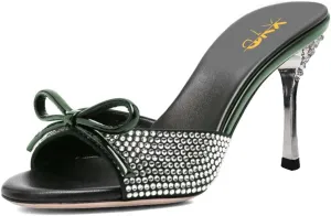XYD Women Open Toe Bowknot High Heels Mules Sandals Shimmery Rhinestone Studs Slip On Party Event Shoes