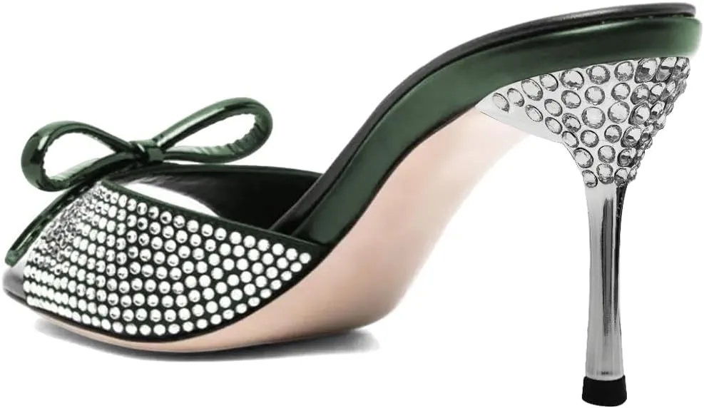 XYD Women Open Toe Bowknot High Heels Mules Sandals Shimmery Rhinestone Studs Slip On Party Event Shoes