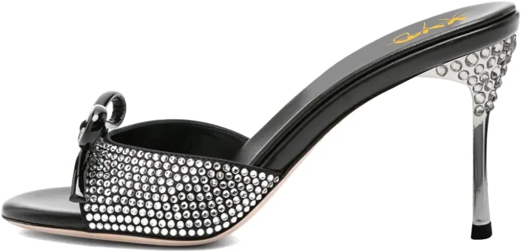 XYD Women Open Toe Bowknot High Heels Mules Sandals Shimmery Rhinestone Studs Slip On Party Event Shoes