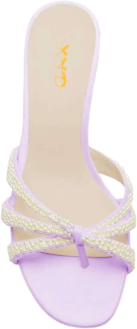 XYD Women Pearl Kitten Mules Open Toe Low Heel Sandals Slip On Beaded Straps Summer Elegant Party Shoes