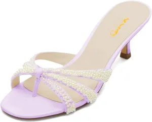 XYD Women Pearl Kitten Mules Open Toe Low Heel Sandals Slip On Beaded Straps Summer Elegant Party Shoes