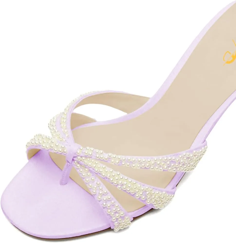 XYD Women Pearl Kitten Mules Open Toe Low Heel Sandals Slip On Beaded Straps Summer Elegant Party Shoes