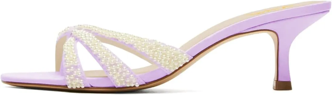 XYD Women Pearl Kitten Mules Open Toe Low Heel Sandals Slip On Beaded Straps Summer Elegant Party Shoes