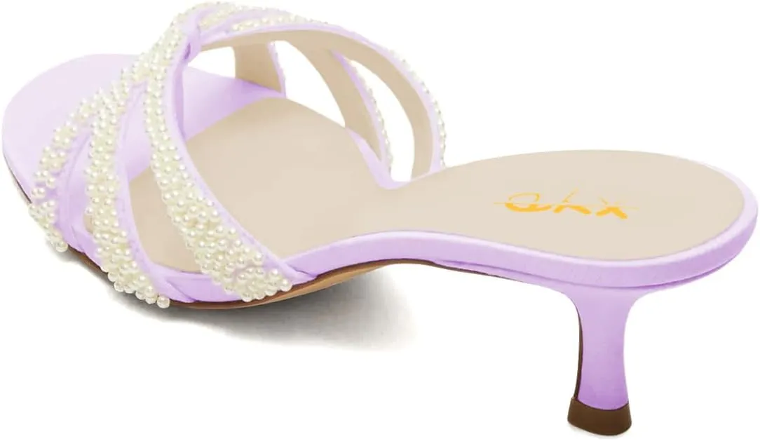 XYD Women Pearl Kitten Mules Open Toe Low Heel Sandals Slip On Beaded Straps Summer Elegant Party Shoes