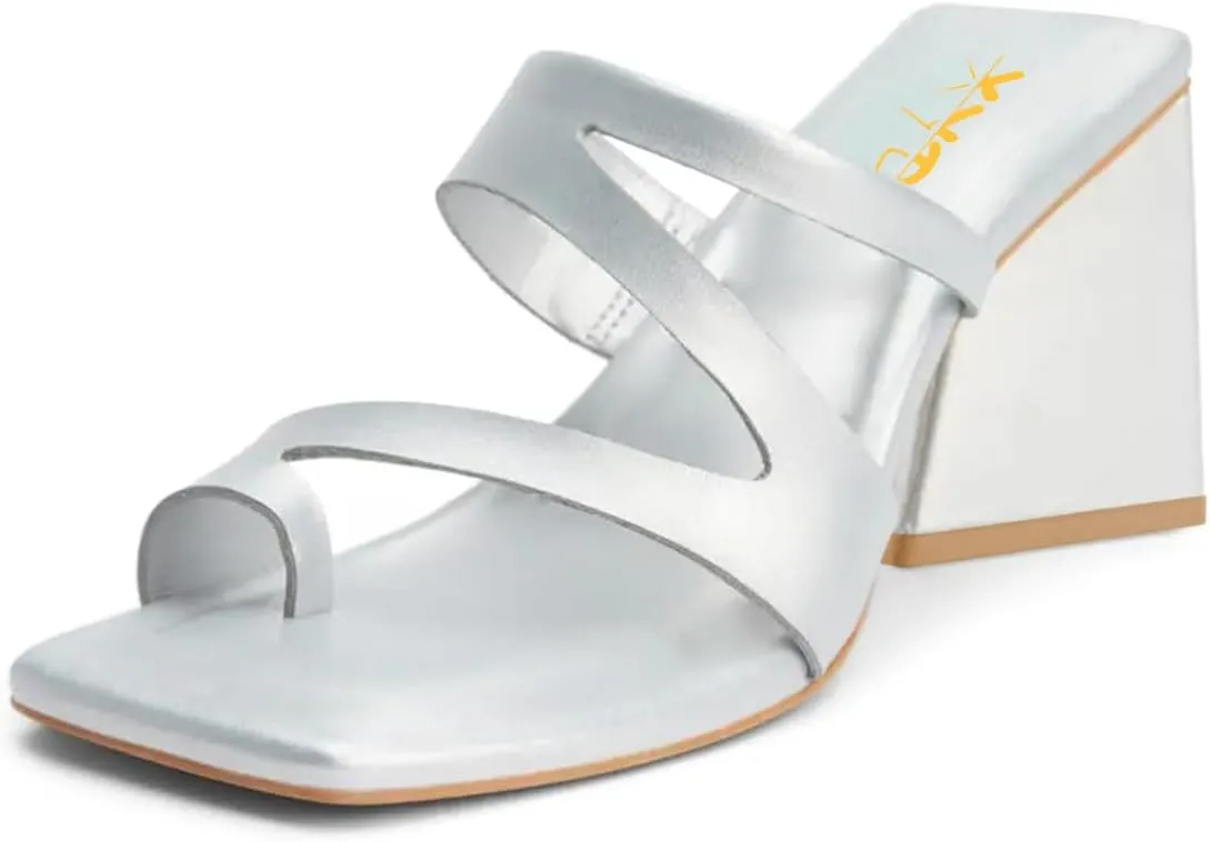 XYD Women Thong Strappy Slides Sandals Triangular Block High Heels Square Open Toe Mules Dressy Chic Shoes