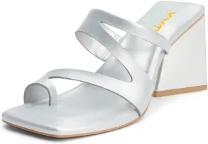 XYD Women Thong Strappy Slides Sandals Triangular Block High Heels Square Open Toe Mules Dressy Chic Shoes