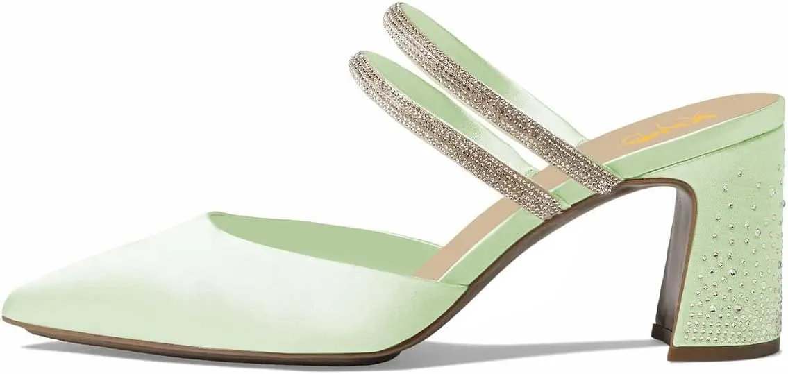 XYD Women Two Crystal Straps Pointed Toe Satin Mules Block Low Heel Slip-ons Sparkling Studs Dress Shoes