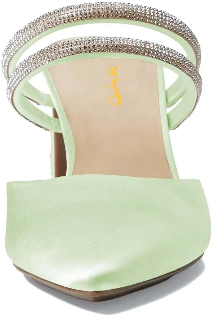 XYD Women Two Crystal Straps Pointed Toe Satin Mules Block Low Heel Slip-ons Sparkling Studs Dress Shoes