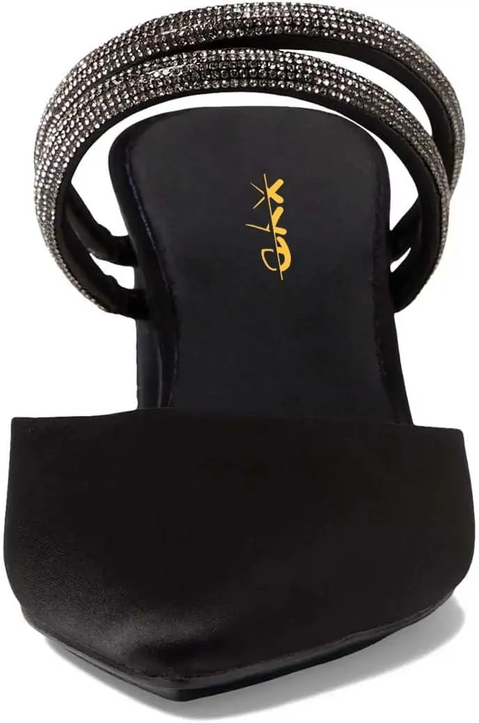 XYD Women Two Crystal Straps Pointed Toe Satin Mules Block Low Heel Slip-ons Sparkling Studs Dress Shoes
