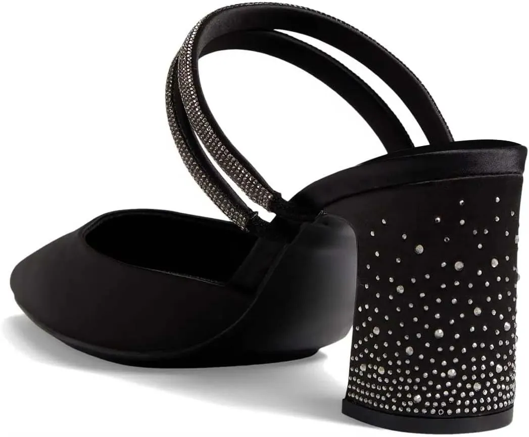 XYD Women Two Crystal Straps Pointed Toe Satin Mules Block Low Heel Slip-ons Sparkling Studs Dress Shoes