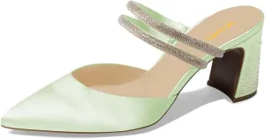XYD Women Two Crystal Straps Pointed Toe Satin Mules Block Low Heel Slip-ons Sparkling Studs Dress Shoes